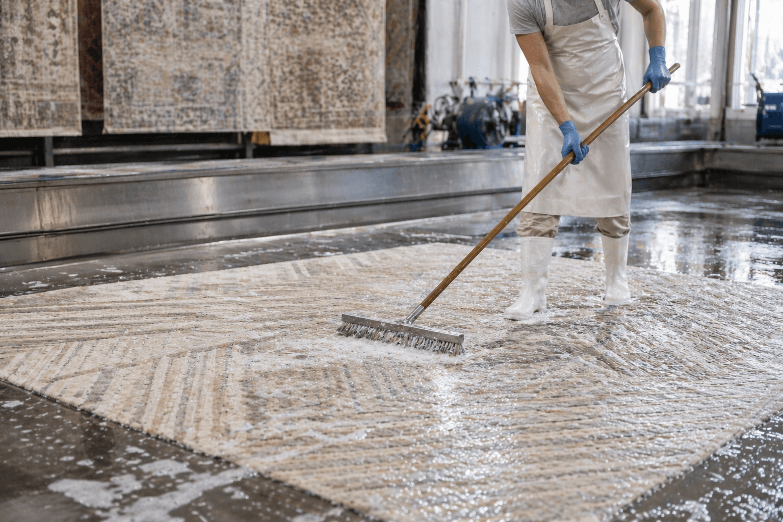Professional rug cleaning in progress with traditional brush and fresh suds on a Persian rug