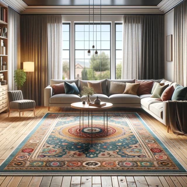 Image of a bright, airy living room showcasing a luxurious, light-colored area rug with visible signs of wear and a distinct stain.